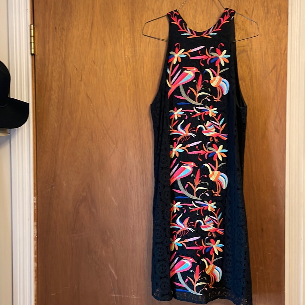 Boutique embroidered tropical birds black dress